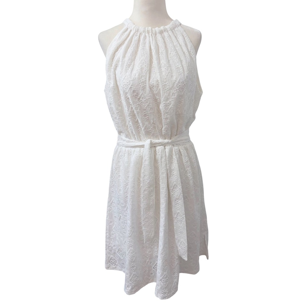 White Eyelet Lace Size Large Halter Neck Tie Waist Dress Summer Cottagecore - Picture 2 of 9